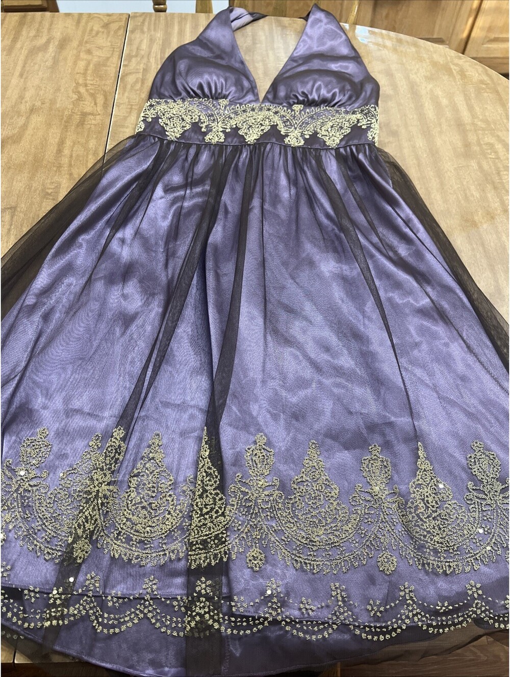 Adrianna Papell Boutique Halter Cocktail Dress Purple Gold Sequin Tule Sz 12